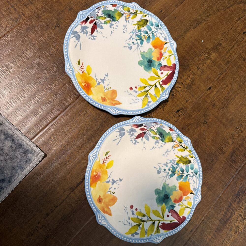 2 Pioneer Woman Willow Dessert Plates 8.5” Floral Blue Rim Stoneware